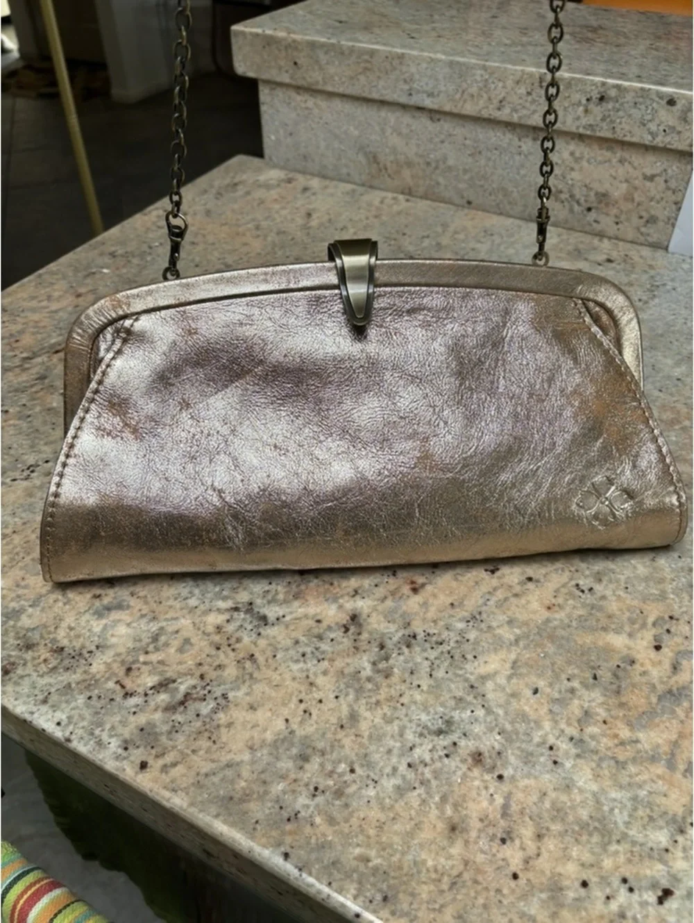 Patricia Nash Asher Metallic Gold Leather Frame Clutch Crossbody
